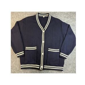 Navy Blue Varsity style Cardigan with white accent stripes & front pockets Sz M